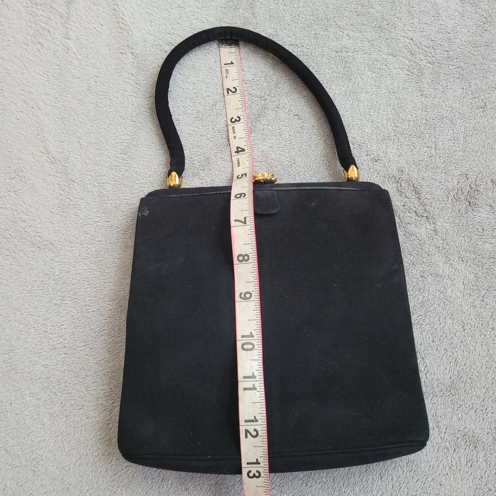 Vintage 60s Coblentz perma‎ suede black satchel handbag purse gold rose detail